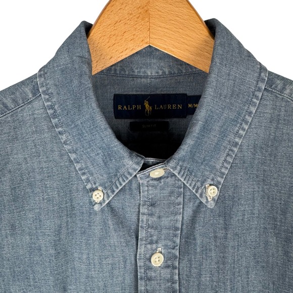 Ralph Lauren Slim Fit Chambray Button Down Shirt Mens M Blue Long Sleeve Logo - Picture 5 of 8